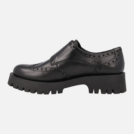 Black leather shoes with buckles and track outsole