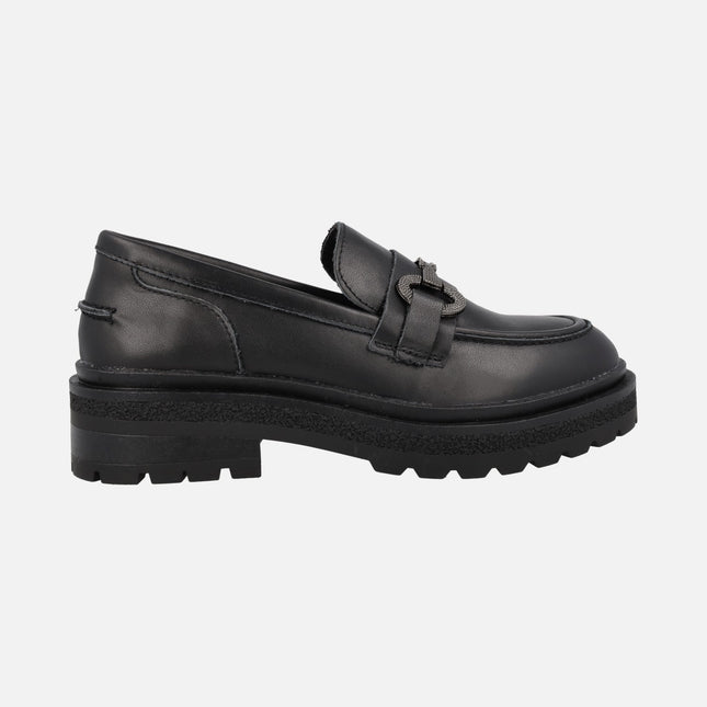 Black leather moccasins with ornament and track outsole