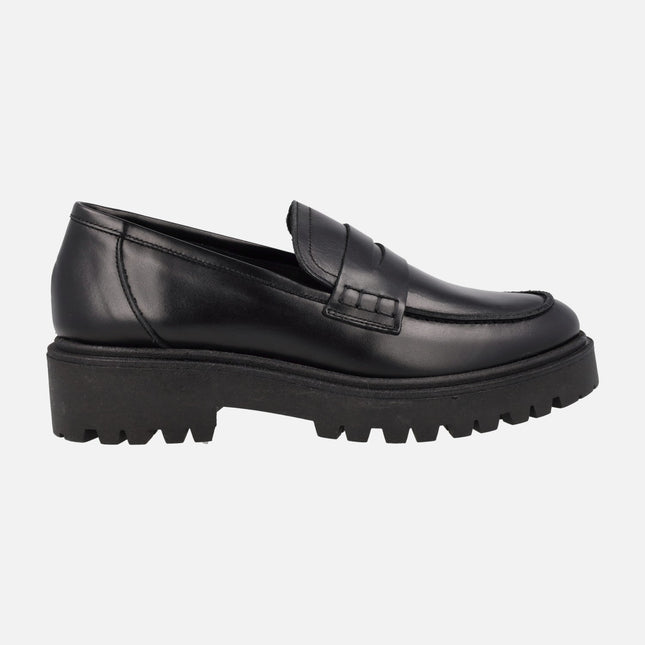 Black Women's Leather Moccasins with Track sole