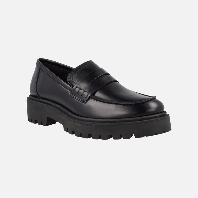 Black Women's Leather Moccasins with Track sole