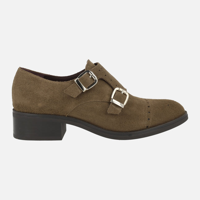 Brown suede leather shoes with golden buckles for women