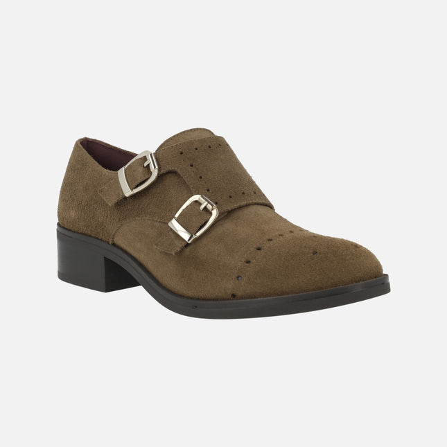 Brown suede leather shoes with golden buckles for women