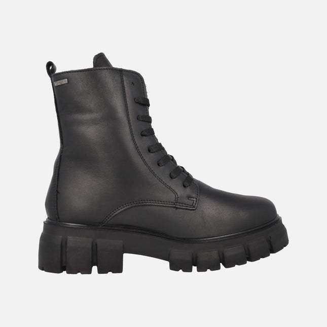 Black Leather Gore Tex Ankle Boots with Laces and Track outsole