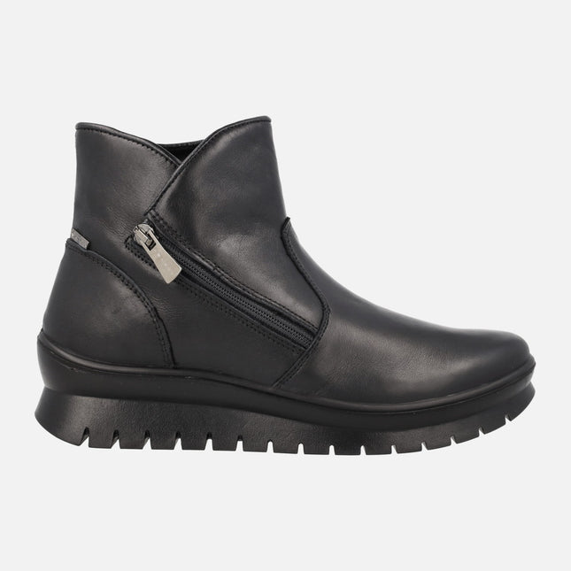 Black leather ankle boots with side zip and waterproof membrane