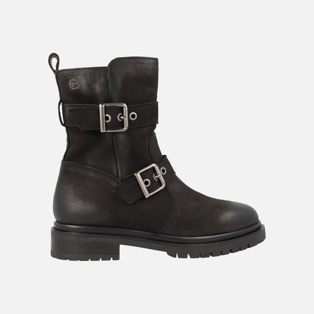 Black biker-style boots with buckles