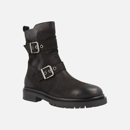 Black biker-style boots with buckles