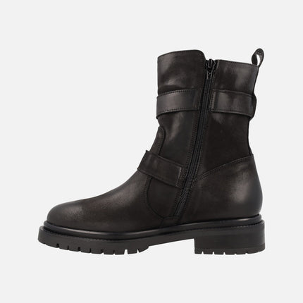 Black biker-style boots with buckles