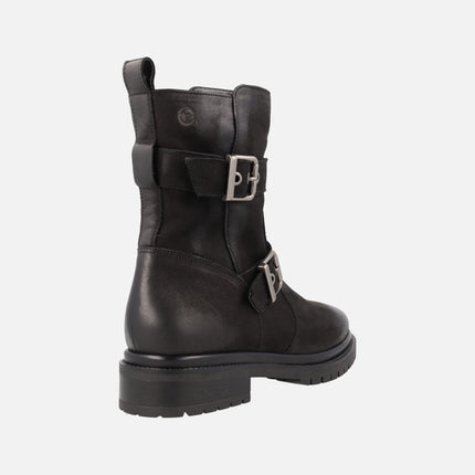 Black biker-style boots with buckles