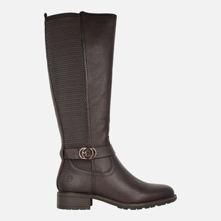 High leg boots in brown leather and elastic fabric