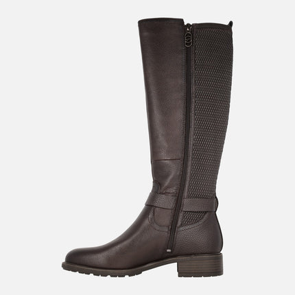 High leg boots in brown leather and elastic fabric