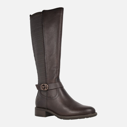 High leg boots in brown leather and elastic fabric