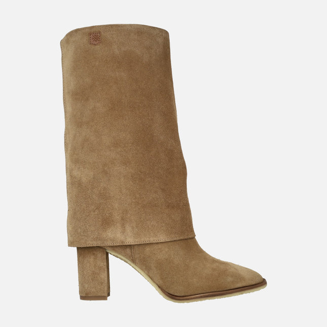 Popa Demi heel boots in camel suede leather