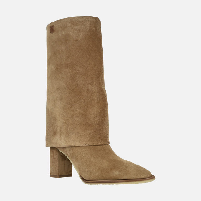 Popa Demi heel boots in camel suede leather