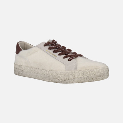 Zapatillas deportivas para mujer en pelo beige con detalles burdeos Rano