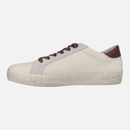 Zapatillas deportivas para mujer en pelo beige con detalles burdeos Rano