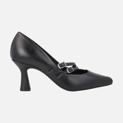 Mary Jane style heeled shoes in black leather