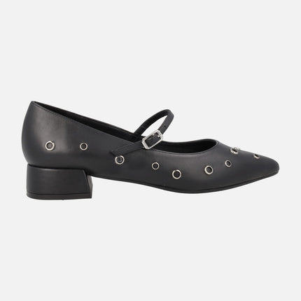 Amonis Black leather ballerinas with bracelet and metallic studs