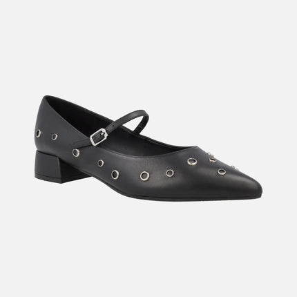 Amonis Black leather ballerinas with bracelet and metallic studs