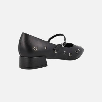 Amonis Black leather ballerinas with bracelet and metallic studs