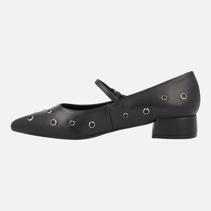 Amonis Black leather ballerinas with bracelet and metallic studs