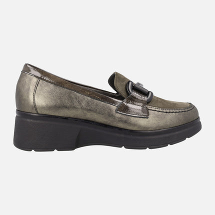 Bronze metallized leather comfort moccasins 