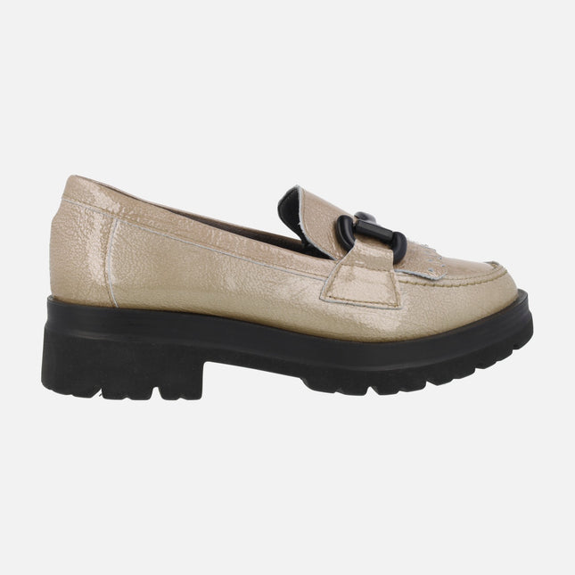 Taupe patent leather moccasins with track sole