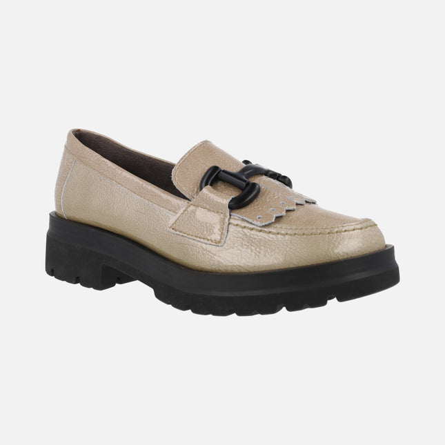 Taupe patent leather moccasins with track sole