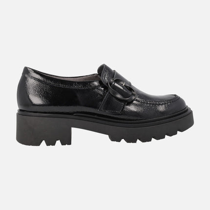 Black patent leather moccasins with buckle ornament