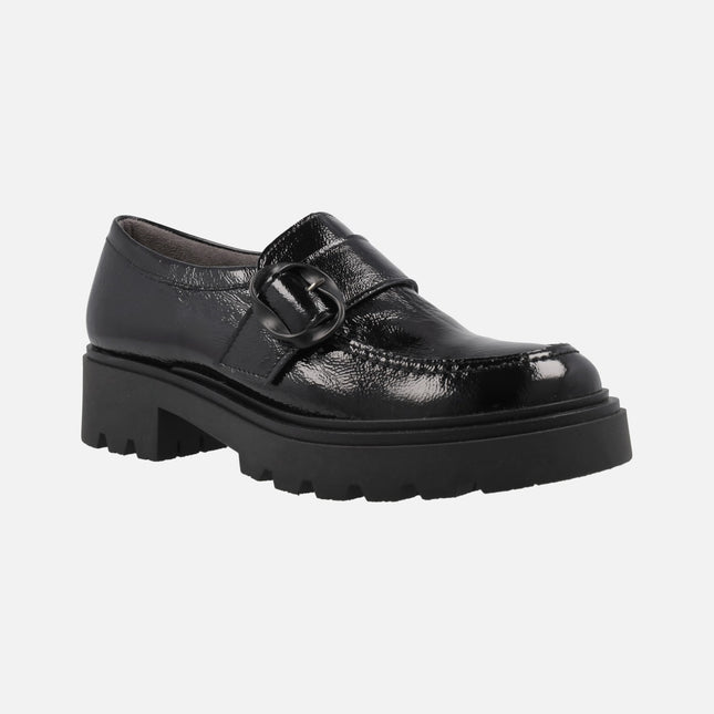 Black patent leather moccasins with buckle ornament