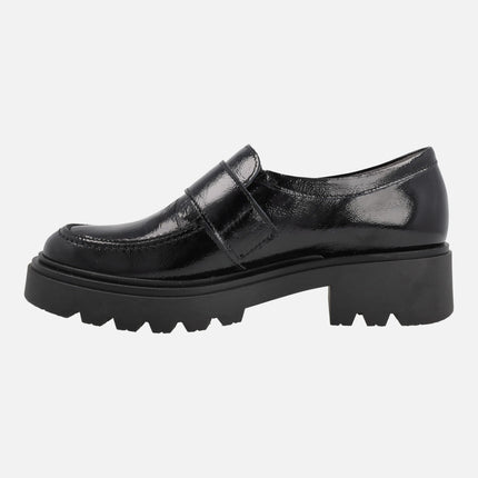 Black patent leather moccasins with buckle ornament