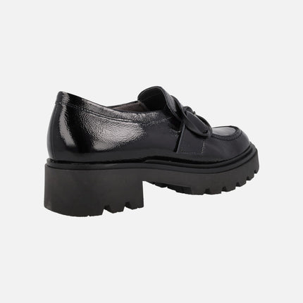 Black patent leather moccasins with buckle ornament