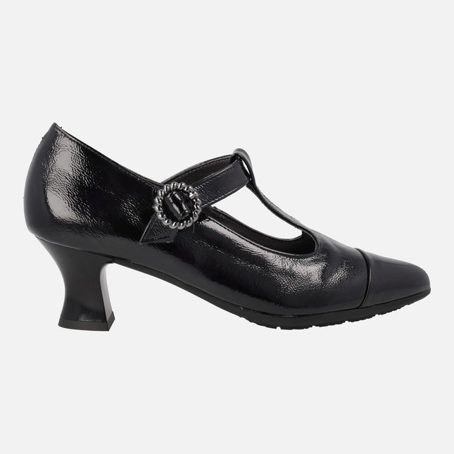 Black patent leather shoes with buckle