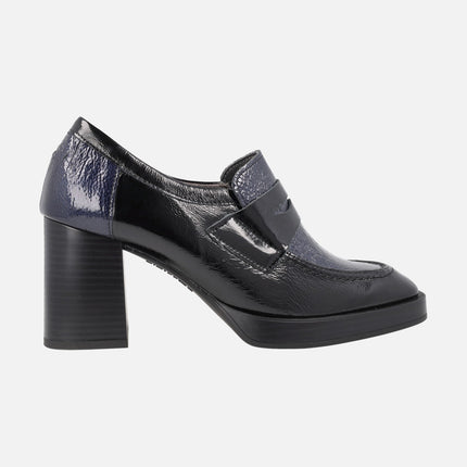 Patent leather moccasins and platform in combined Black - blue