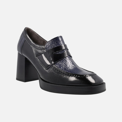 Patent leather moccasins and platform in combined Black - blue