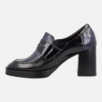 Patent leather moccasins and platform in combined Black - blue