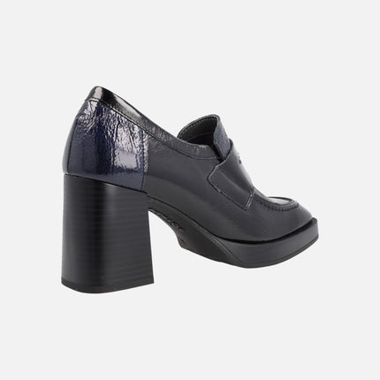 Patent leather moccasins and platform in combined Black - blue