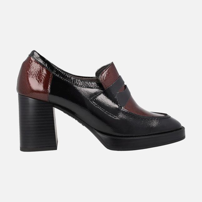 Patent leather moccasins with heel and platform in combined Black - Bordeaux