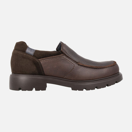 Brown greased leather moccasins with elastic