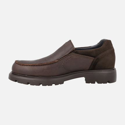 Brown greased leather moccasins with elastic