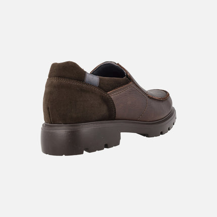 Brown greased leather moccasins with elastic