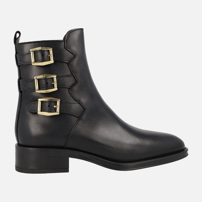 Black leather ankle boots with three buckled strips Alpe Couture