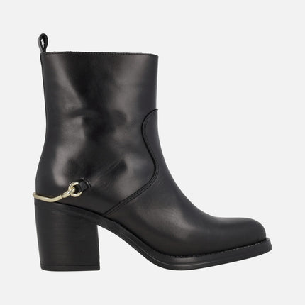 Leyna black leather heeled boots with golden ornament in the heel