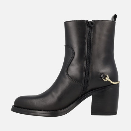 Leyna black leather heeled boots with golden ornament in the heel