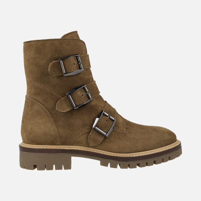 Alpe Military Ankle Boots in suede Leather with three strips with buckles