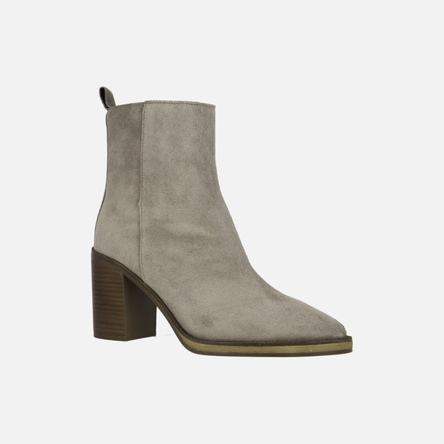 Camden booties in Taupe Suede with high heel and sharp toe