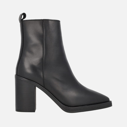 Camden Black Leather Ankle Boots with a high heel and sharp toe