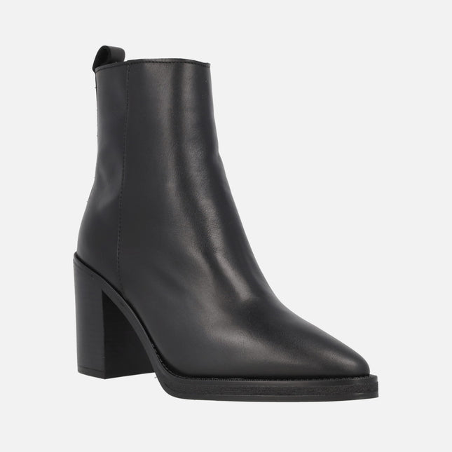 Camden Black Leather Ankle Boots with a high heel and sharp toe