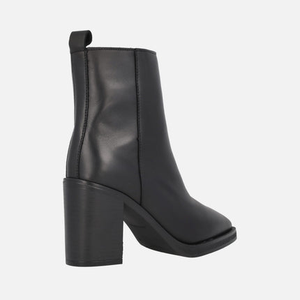 Camden Black Leather Ankle Boots with a high heel and sharp toe