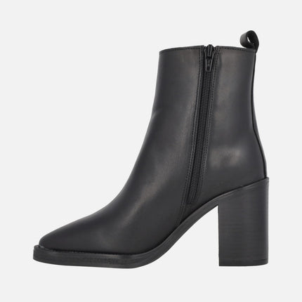 Camden Black Leather Ankle Boots with a high heel and sharp toe