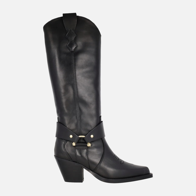 Botas altas estilo cowboy en piel negra con adorno dorado Vendome